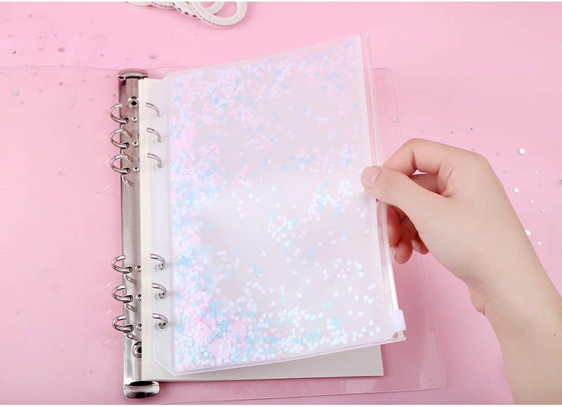 Chris.W 2 Pack Clear Plastic Zipper Pockets Envelopes for A5 6-Ring Binder Notebook, Built-in Glitter Flakes Decorations (A5 Size) - Image 1